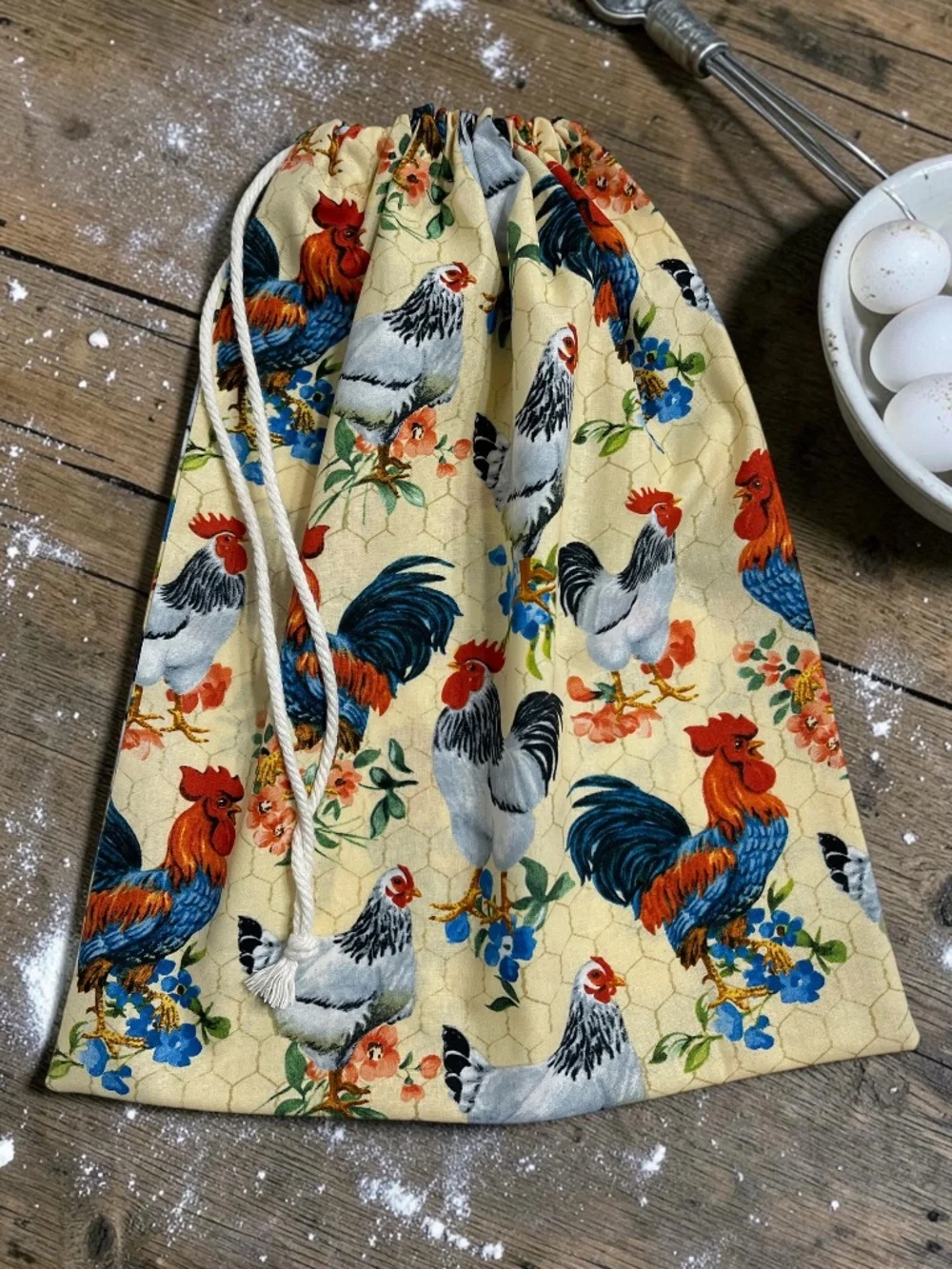 Farmhouse Raise Chickens Cotton Bread Bag, Reusable Cloth Sourdough Storage